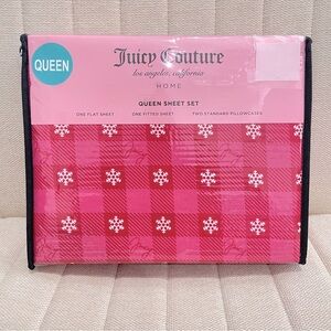 NEW Juicy Couture Queen Sheet Set Pink Buffalo Plaid‎ Snowflake 4 Piece Holiday